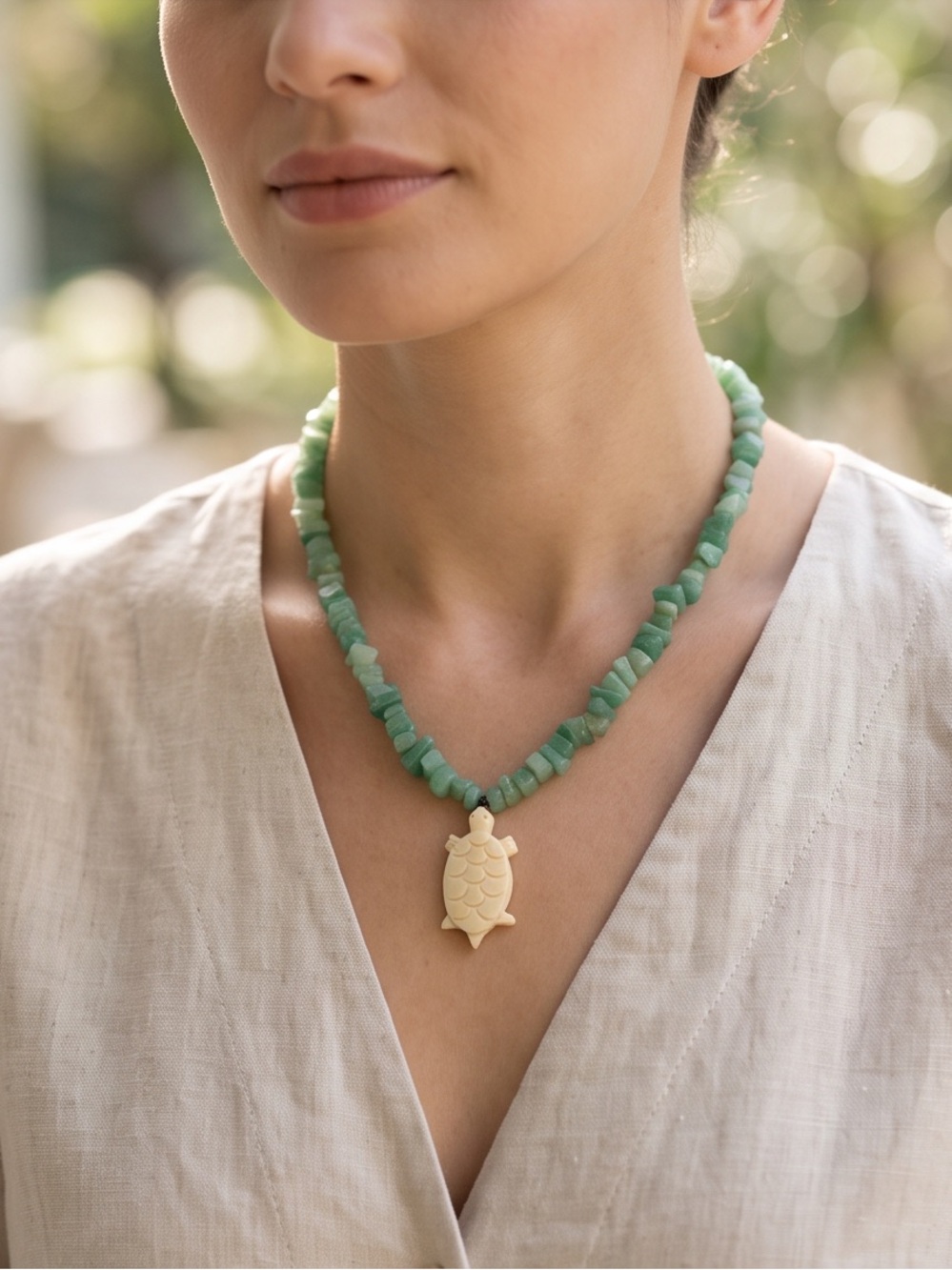 Hand Crafted Green Jade Bead Necklace with Carved Bone Turtle Pendant 18” Unisex
